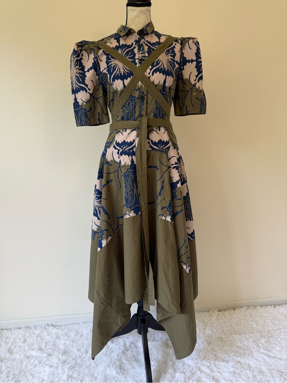 Olive Floral High-Low Dress with Navy and Blush Accents